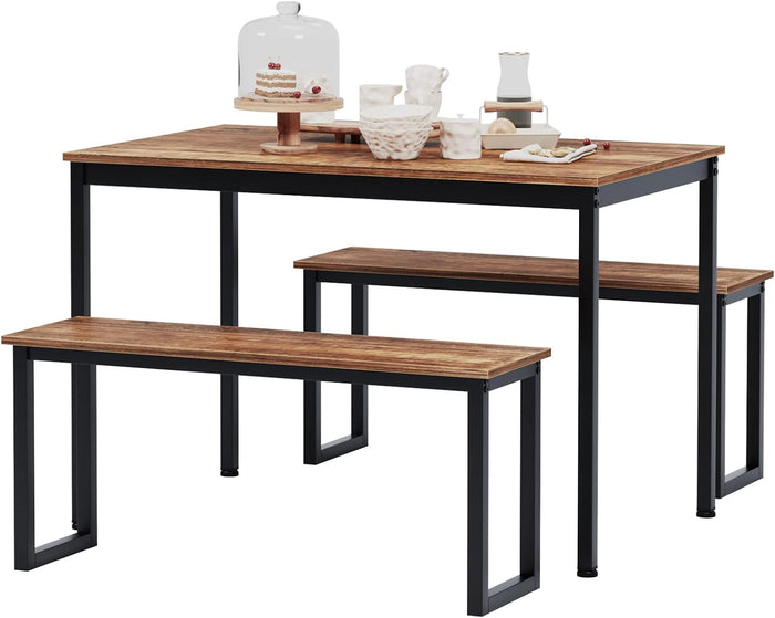 DlandHome 3-Piece Dining Table Set for 4 People,Soho Dining Table and Chairs Set,Rectangular Space-Saving Dinner Table with Two Benches for Kitchen,Brown