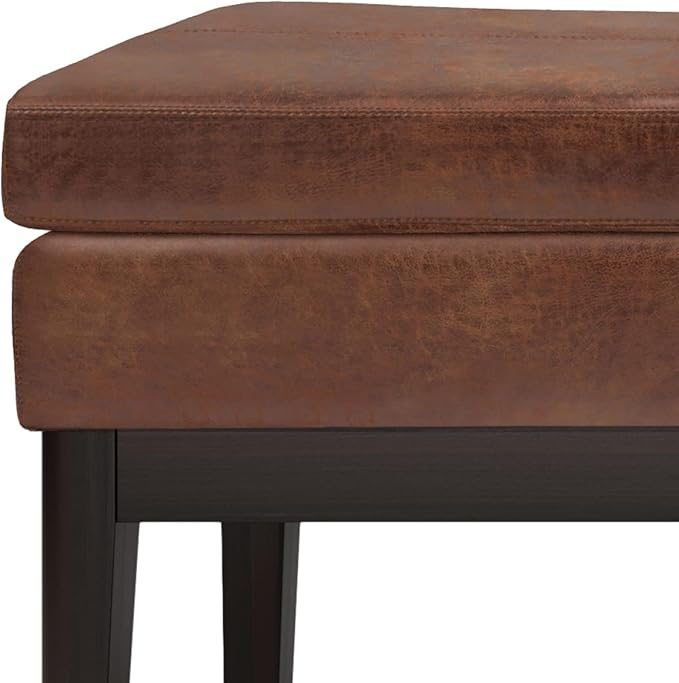 SIMPLIHOME Carlson Ottoman Bench in Distressed Saddle Solid Hardwood Frame with Vegan Faux Leather Upholstery, Vintage-Inspired Seating for Living Room, 44.5" Wide, Brown