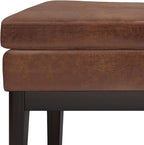 SIMPLIHOME Carlson Ottoman Bench in Distressed Saddle Solid Hardwood Frame with Vegan Faux Leather Upholstery, Vintage-Inspired Seating for Living Room, 44.5" Wide, Brown