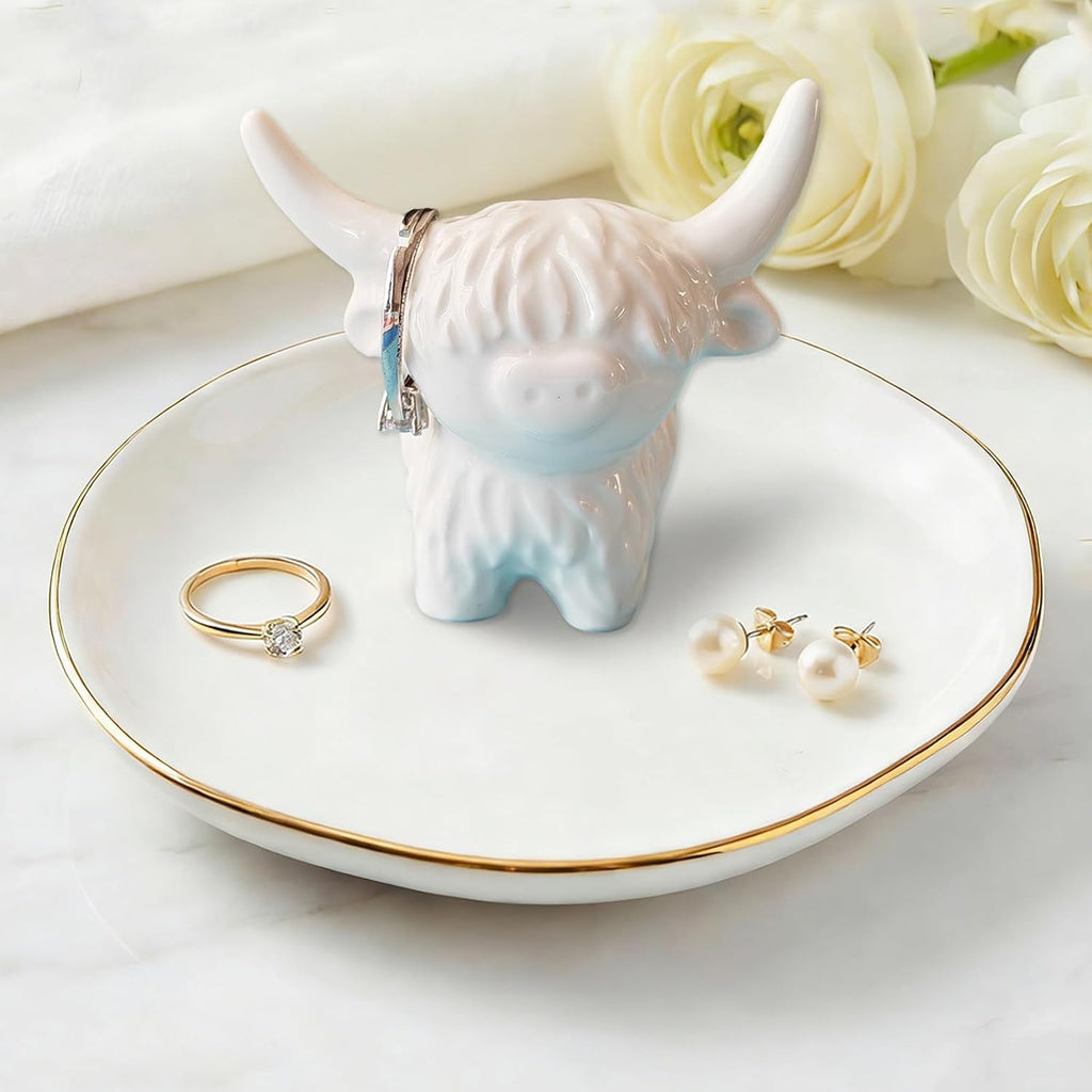 Ceramic Highland Cow Ring Holder Jewelry Tray for Small Trinkets | Farmhouse Highland Cow Décor for Bathroom Vanity Dresser, Bridal Shower Gifts,Engagement & Birthday Gift for Her