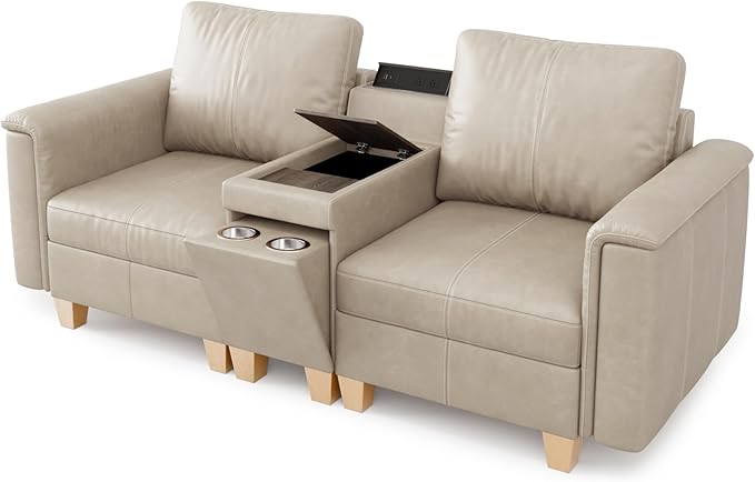 SITJOY 79" Faux Leather Modular Sectional Sofa with Storage, Mid Century Modern Sectional Couches for Living Room, 2 Seat Loveseat with Console Table, Hidden Cupholders, Greige