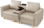 SITJOY 79" Faux Leather Modular Sectional Sofa with Storage, Mid Century Modern Sectional Couches for Living Room, 2 Seat Loveseat with Console Table, Hidden Cupholders, Greige