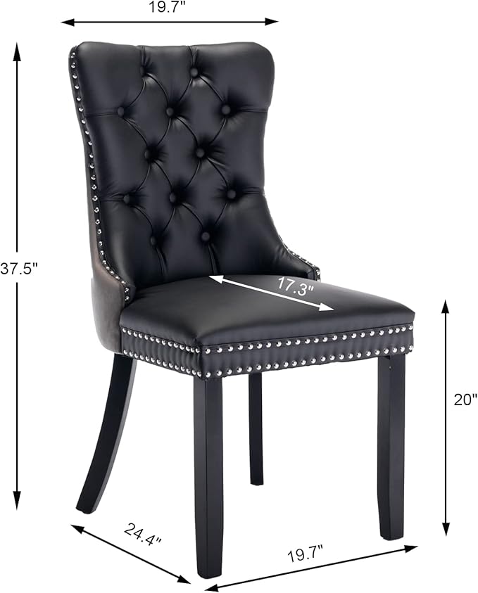 Dining Chairs Set of 6, Upholstered Dining Room Chairs with Back Ring Pull Trim and Solid Wood Legs, Modern Tufted Kitchen Chairs Perfect for Dining Room, Black Pu Leather Splicing Grey Velvet