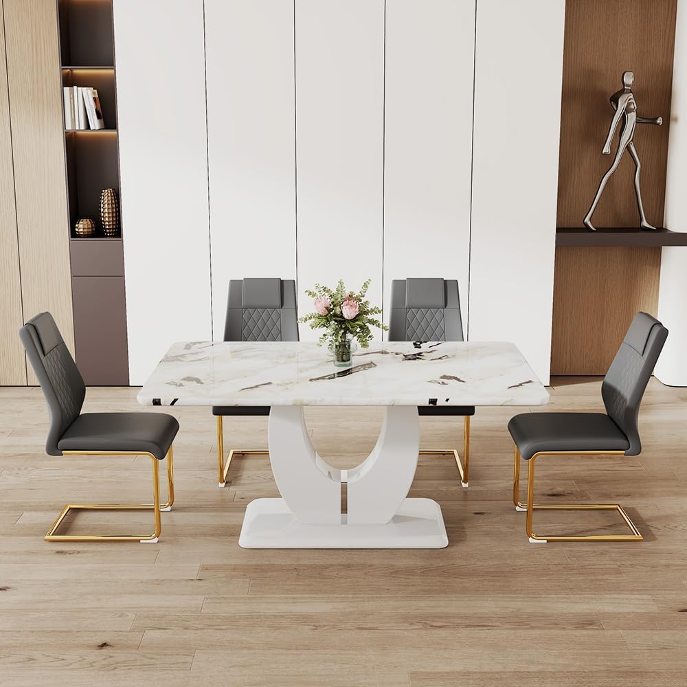 JUFU Modern Dining Set Table and 4 Chairs,White Faux Marble Dining Table Set ...