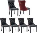 Dining Chairs Set of 6, Upholstered Dining Room Chairs with Back Ring Pull Trim and Solid Wood Legs, Modern Tufted Kitchen Chairs Perfect for Dining Room, Black Pu Leather Splicing WineRed Velvet