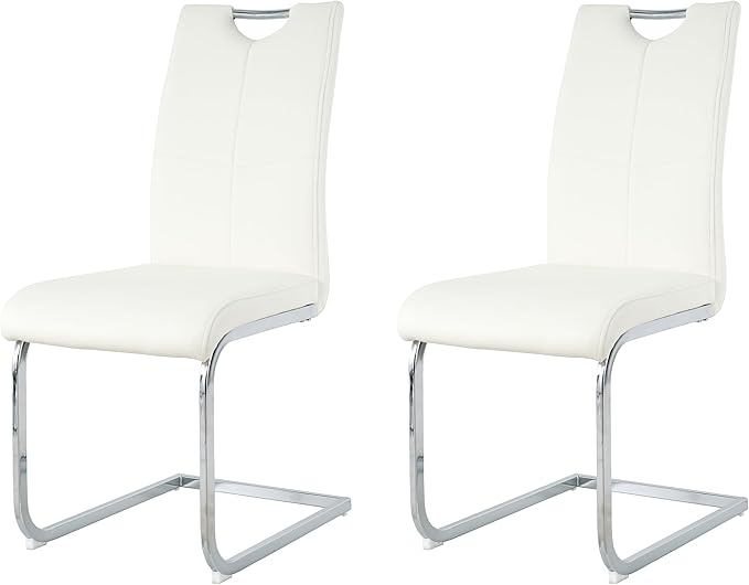Goujxcy Dining Chairs Set of 2, Modern High Back Kitchen Chairs with Metal Legs and Faux Leather Padded Seat Upholstered Dining Chairs for Dining & Kitchen,Living Room (White&Silver, Set of 2)