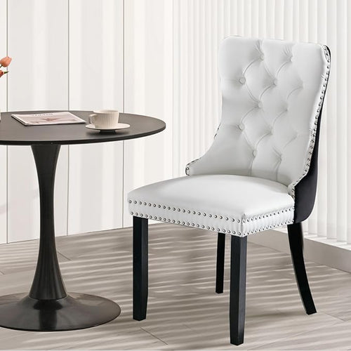 3-Pieces 31.5" Round Dining Table Set for 2, Black Dining Table & PU & Velvet Upholstered Dining Chairs Set of 2 for Kitchen Dining Room Apartment Small Space(Black & White Chairs)