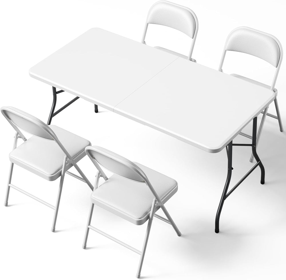5FT Folding Table and Chairs Set for 4, Portable 5-Piece Folding Dining Set w...