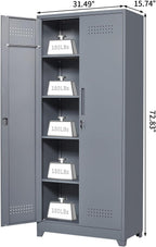 Metal Tool Storage Cabinet, Broom Closet with Hooks, 72.8" Tall Garage Cabinet with Shelves, Heavy-Duty Cleaning Storage for Utility Room, Gym, Office, Garage