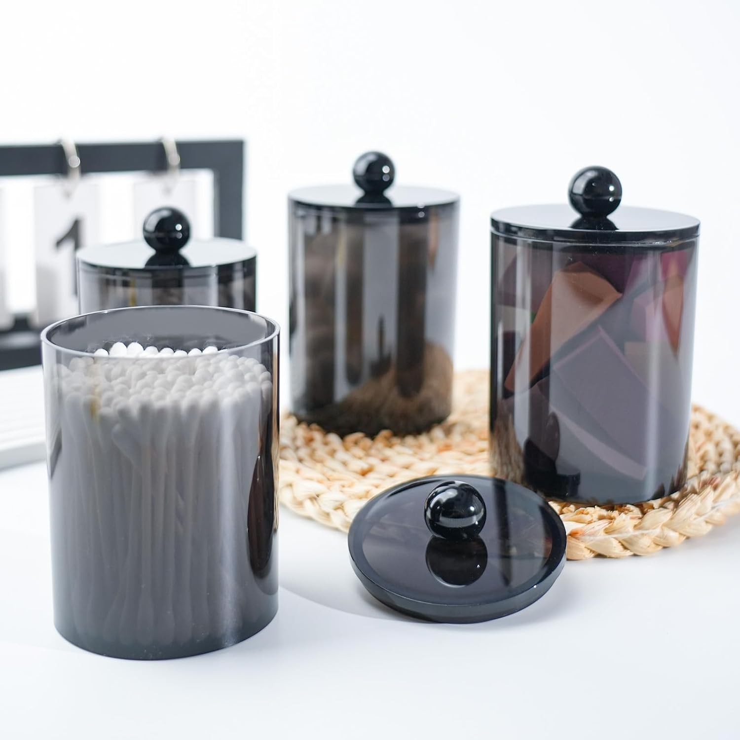 6 Pack Qtip Holder,Canister Apothecary Jar Set, Bathroom Jars with Lids Set for Cotton Swabs, Balls, Pads, Floss Picks,10oz-12oz Plastic Canisters Restroom Bedroom Vanity Organizer(Black)