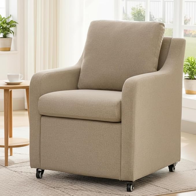 Rolled Dining Chair with Casters, Upholstered Modern Swivel Armchair with Wheels for Kitchen (1, Fabric Camel)