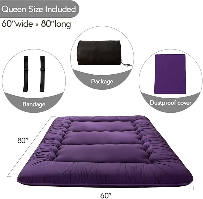 MAXYOYO Japanese Floor Mattress Futon Mattress, 4" Thicken Tatami Mat Sleeping Pad Foldable Roll Up Mat Boys Girls Dormitory Pad Kids Floor Lounger Pillow Bed, Charcoal Grey, Queen Size