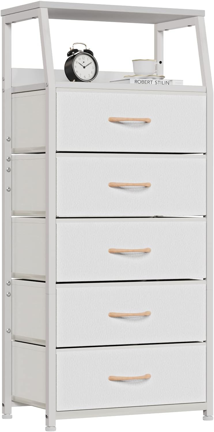 Furnulem White Tall Dresser for Bedroom, 5 Fabric Bins Tall Nightstand | Dorm...