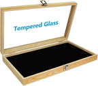MOOCA Wooden Jewelry Display Case, Jewelry Organizer Case with Tempered Glass Top Lid & Removable Black Luxurious MDF Velvet Jewelry Display Pad, Natural Wood Colo