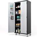 VINGLI 72'' Tall Garage Storage Cabinet, Metal Storage Cabinet with Wheels, Locking Doors and Adjustable Shelves (Black & Silver, 32''W x 16''D x 72''H)