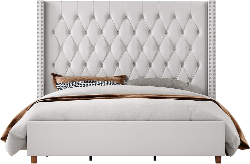 Jocisland Queen Bed Frame 61.4" Tall Headboard Velvet upholstered,Cream