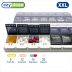 EZY DOSE Weekly (7-Day) Pill Organizer, Vitamin Container, and Daily Medicine Planner, 2X-Large Push Button Compartments, Arthritis Friendly, Easy to Use, 4 Times a Day, Grayscale Lids, BPA Free
