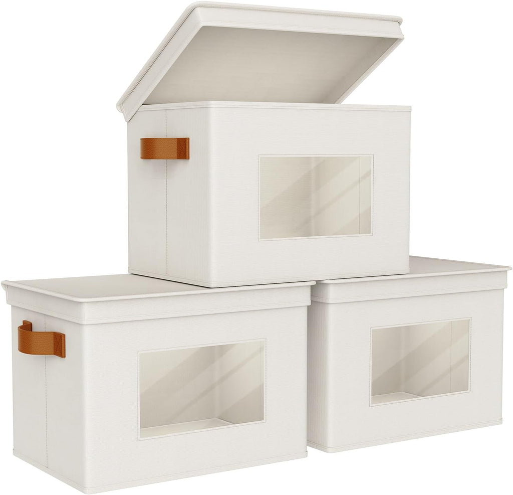 Univivi Storage Boxes with Lids Fabric Foldable Storage Bin for Clothes, [3-Pack] Closet Organizer Containers boxes with Handles for Home, Bedroom, Closet Storage (Beige,17” x 12” x 12")