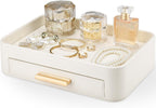 GORESE PU Leather Valet Tray with Drawer, Nightstand Organizer Catch All Tray for Jewelry Perfume Purse Trinket Key Holder, EDC Trays for Desk Vanity Entryway Table, Gift for Women Men, Cream White
