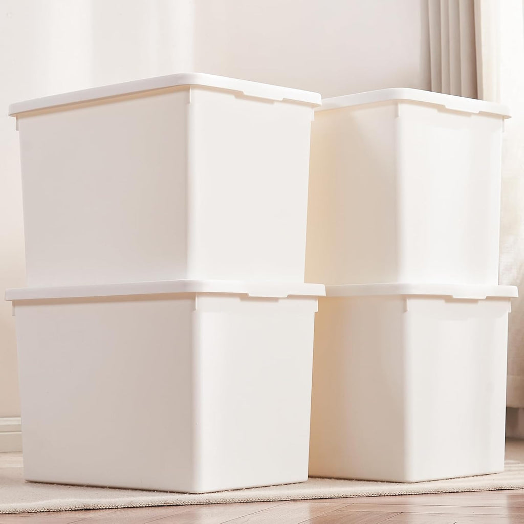 White Storage Bins with lids,Office stackable Plastic Boxes Set of 4,Garage organization Storage Box with handle for Organizing Snacks, Crafts, Legos, Tools,books (white, 4XXXL)