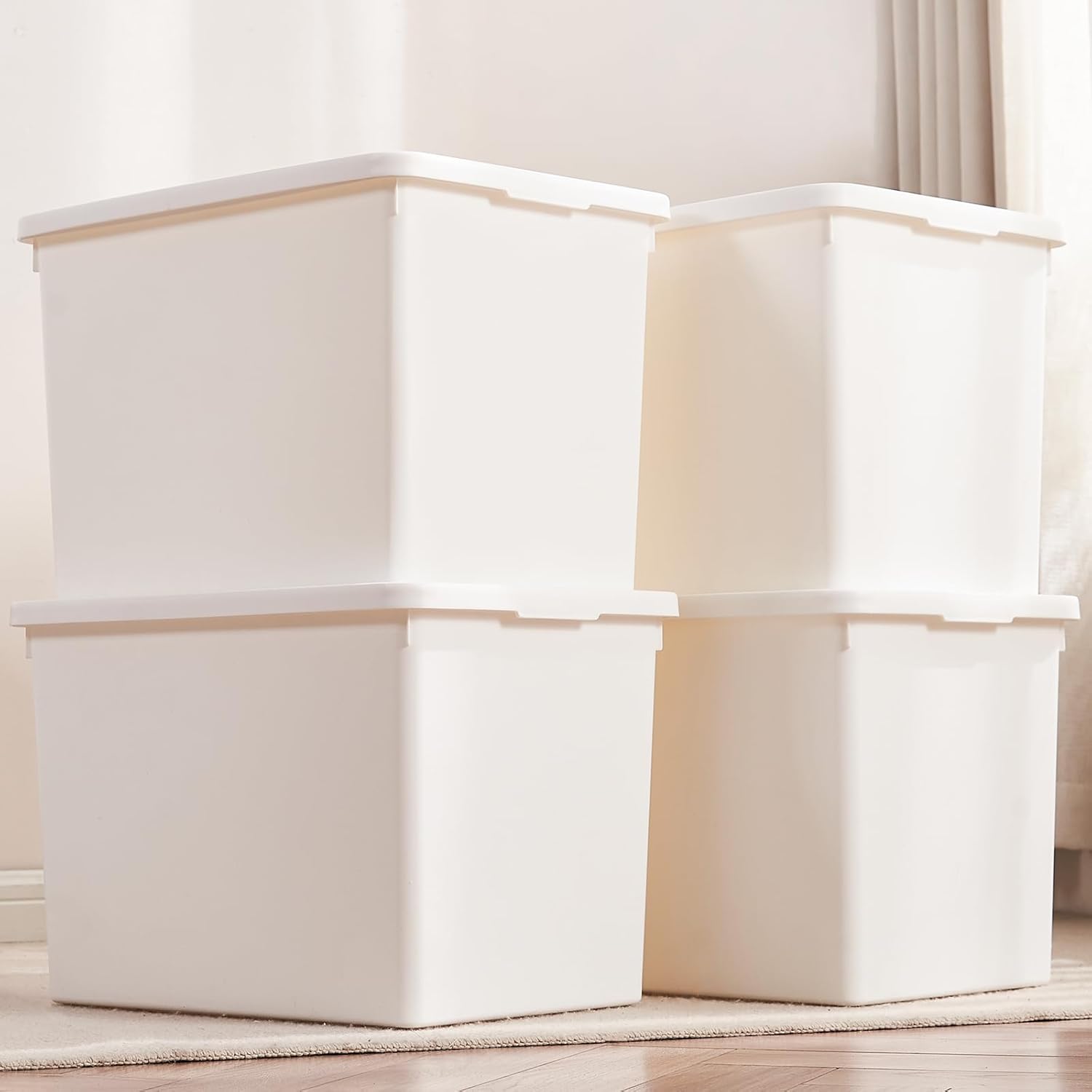 White Storage Bins with lids,Office stackable Plastic Boxes Set of 4,Garage organization Storage Box with handle for Organizing Snacks, Crafts, Legos, Tools,books (white, 4XXXL)