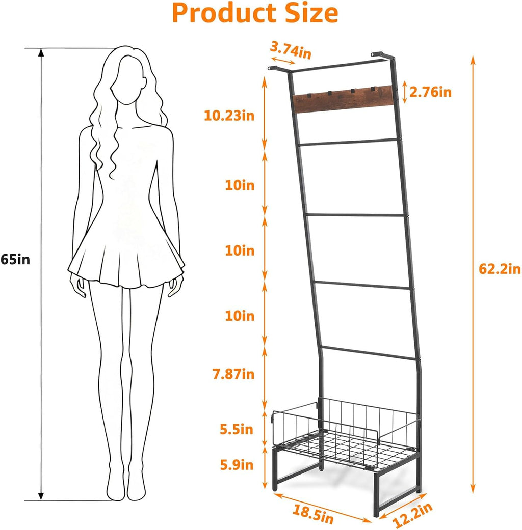 Metal Blanket Ladder with Basket, 5 Tier Black Blanket Ladders for the Living Room with Hooks, 5.2ft Wall Leaning Quilt Ladder for Blankets, Towels & Throws, Farmhouse Decor