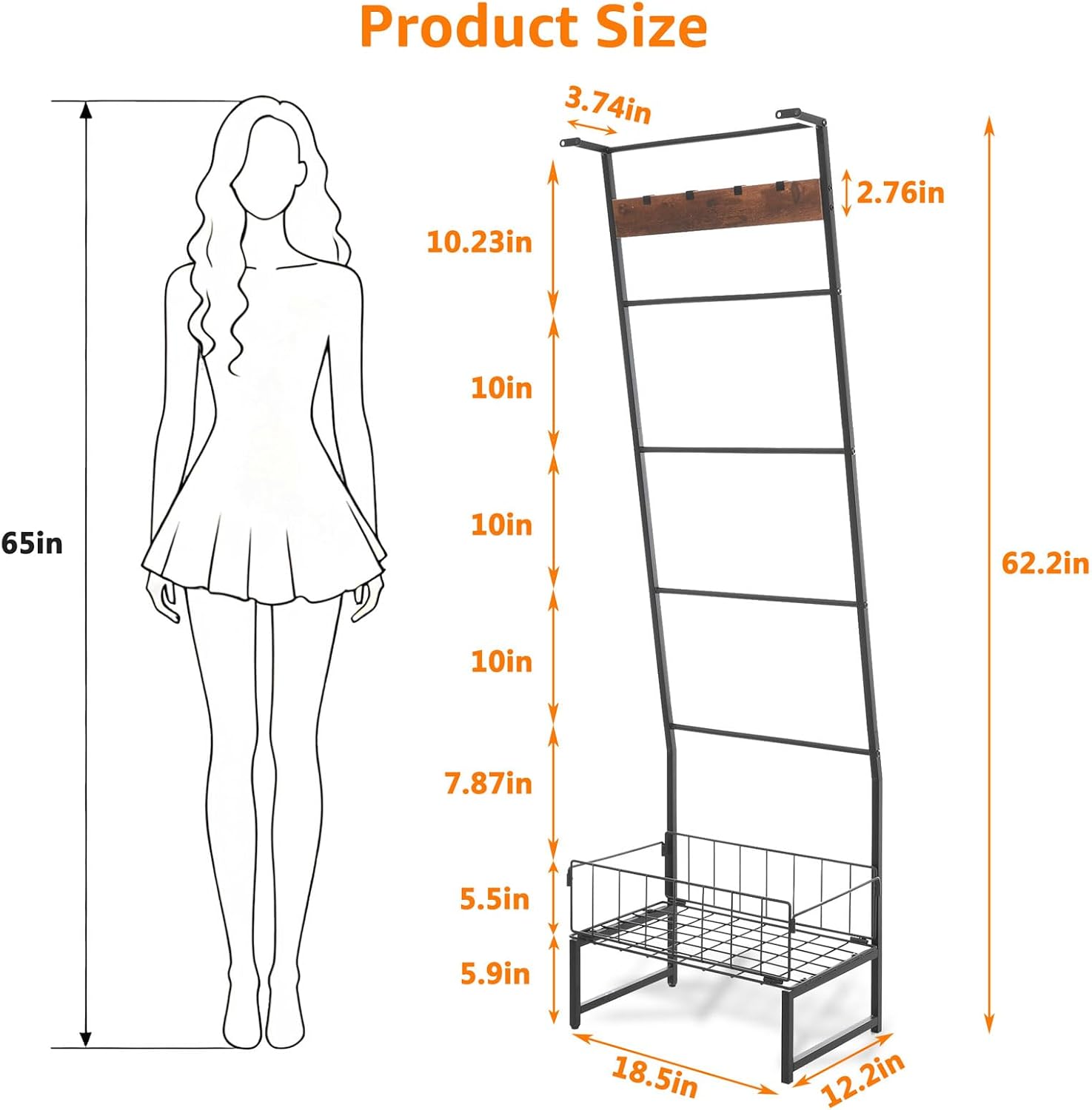 Metal Blanket Ladder with Basket, 5 Tier Black Blanket Ladders for the Living Room with Hooks, 5.2ft Wall Leaning Quilt Ladder for Blankets, Towels & Throws, Farmhouse Decor