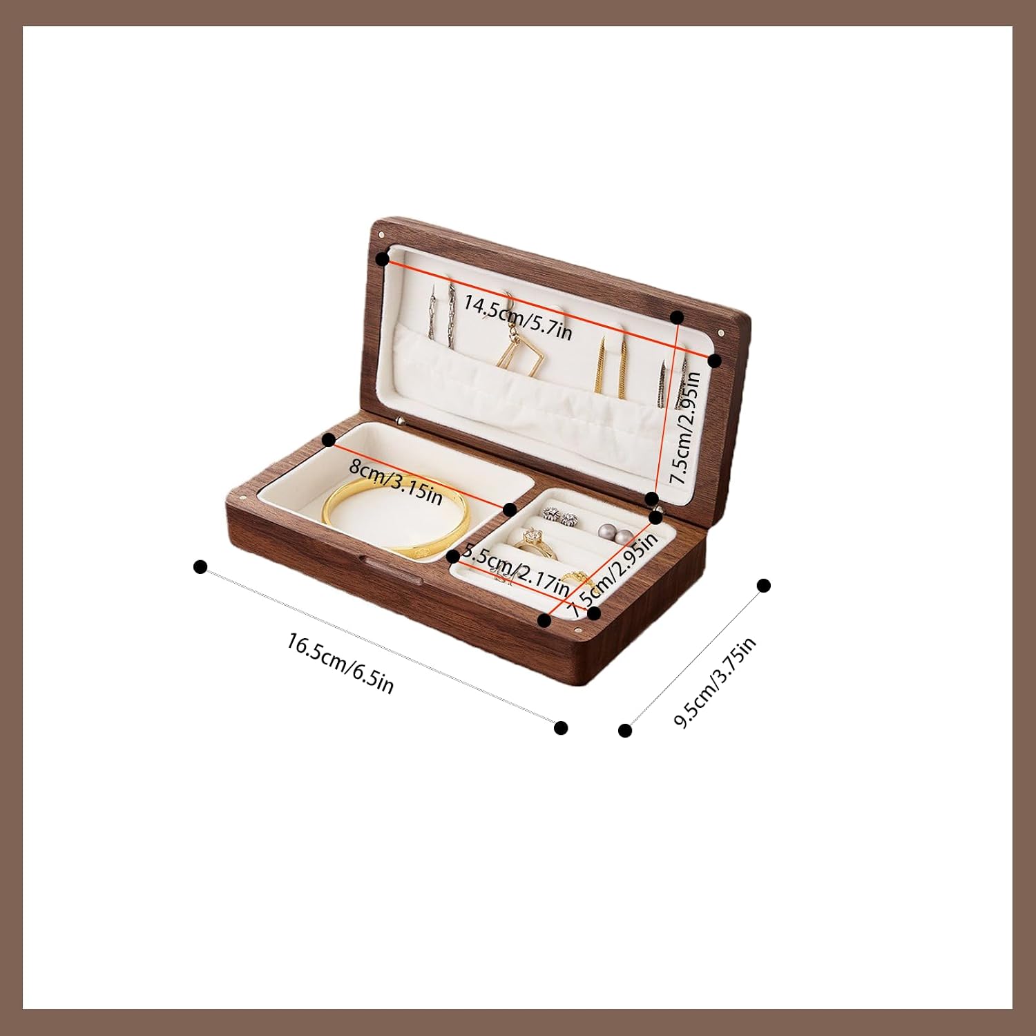 Solid Walnut Wood Jewelry Box for Women & Men - Vintage Travel Organizer with Portable Mini Case, Earring Storage, chinoiserie Handcrafted Gift (Walnut, Square)