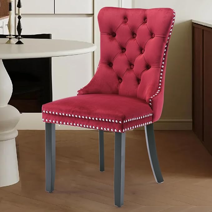 Velvet Upholstered Dining Chairs Set of 4, Modern Style Kitchen Side Chairs with Nailhead Trim and Wood Legs,Metal Pulling Ring for Dining Room Living Room(Wine Red,Set of 4)