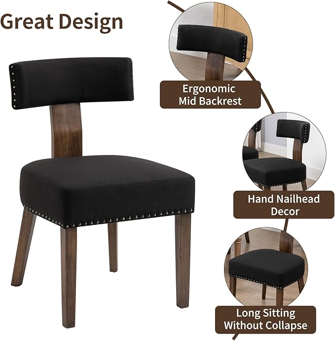Upholstered Wooden Farmhouse Dining Chairs Set of 2, Mid-Century Modern Fabri...