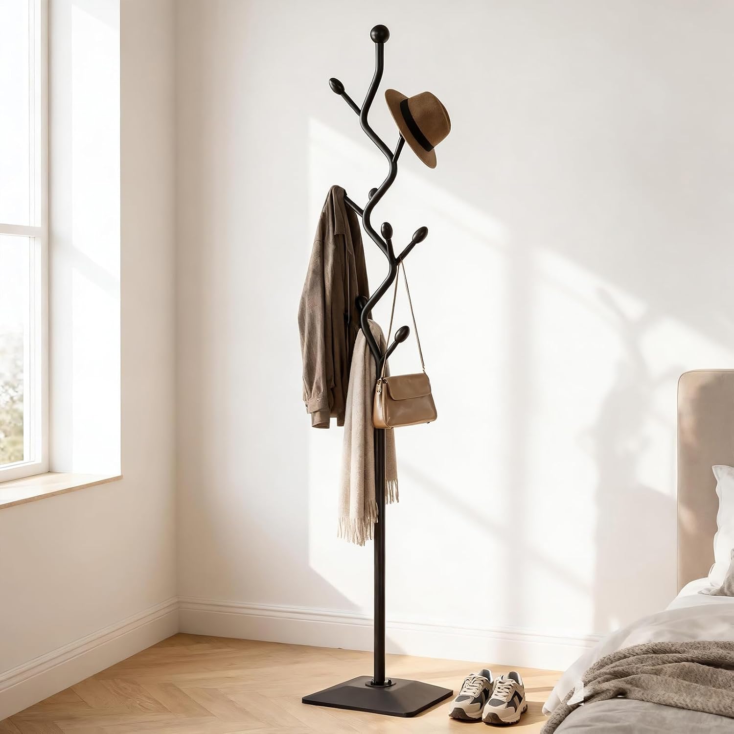 Tree-shaped coat rack stand,Metal coat tree with 8 Hooks and sturdy cast iron base,Heavy Duty coat rack freestanding coat hanger stand for Clothes Hats Scarfs Purses (black)