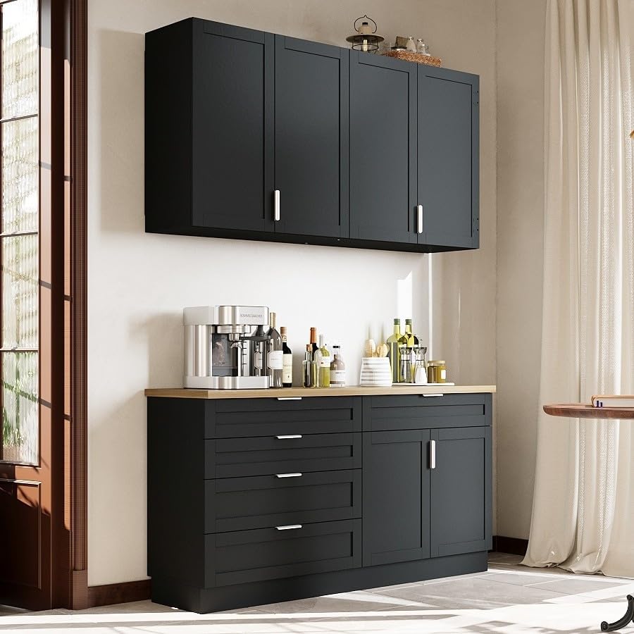 Timechee Large Kitchen Pantry Storage Cabinet Set with Wall Cupboard, Freestanding Food Pantry Cabinet for Kitchen with 6 Doors & 5 Drawers, Sideboards with Storage for Living Room, Black, 63" W