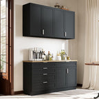 Timechee Large Kitchen Pantry Storage Cabinet Set with Wall Cupboard, Freestanding Food Pantry Cabinet for Kitchen with 6 Doors & 5 Drawers, Sideboards with Storage for Living Room, Black, 63" W
