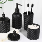 Matte Black Bathroom Accessories Set, 4 Pack Black Bath Accessory Sets Complete, Diamond Glass Soap Dispenser and Toothbrush Holder Set for Countertop, Gothic Decor Organizer Essentials