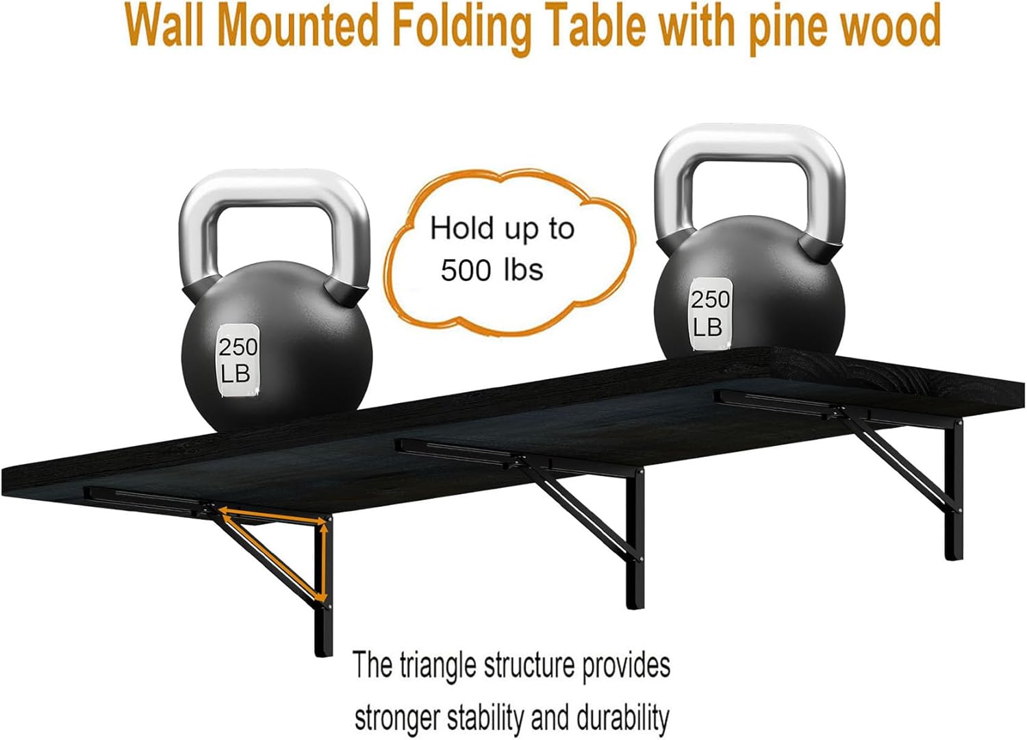 IAE Wall Mounted Folding Table with Pine Wood,60" x 16" Floating Wall Desk,Laundry Folding Table with Shelf Brackets,Fold Down Desk Shelf,Folding Workbench for Home,Dining,Laundry Room,Kitchen,Black