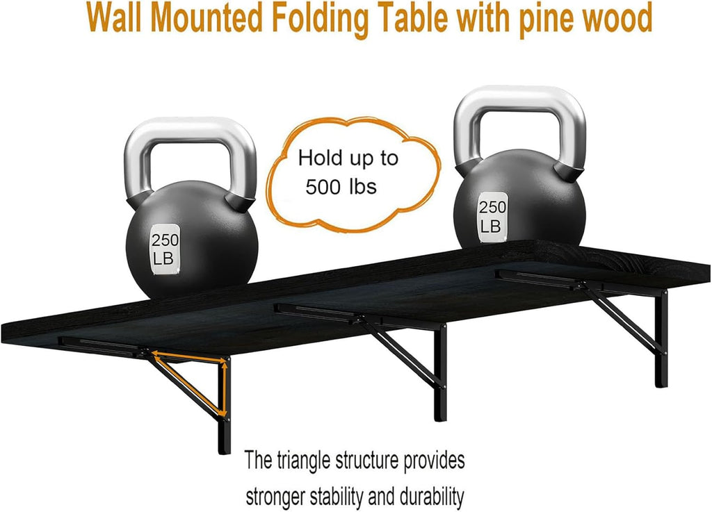 IAE Floating Wall Mounted Folding Table Desk with Pine Wood,60" x 22" Foldable Workbench,Fold Down Wall Mounted Foldable Desk with Shelf Brackets,Laundry Folding Table for Home,Dining,Kitchen,Black