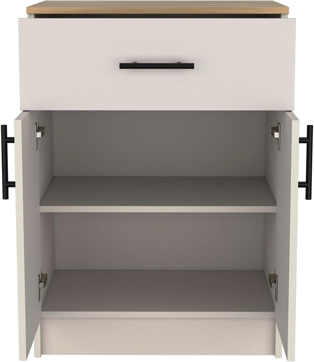 Pantry Organizer Cabinet 33" H,One Drawer,Two Interior Shelves,Two Doors,for Living Room Dining Room,Ivory,Natural Oak