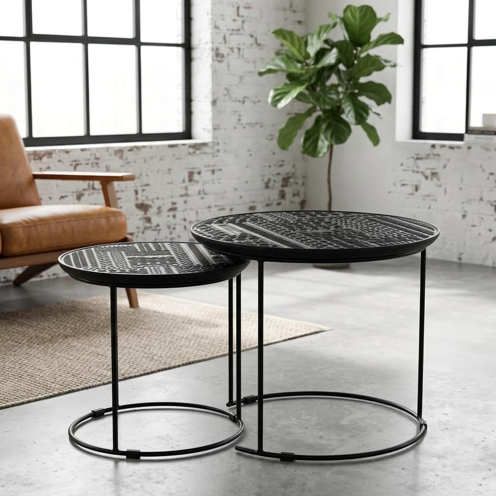 Furnifact Mango Wood Round Nesting Table 2-Piece, Nesting Coffee Table Set fo...