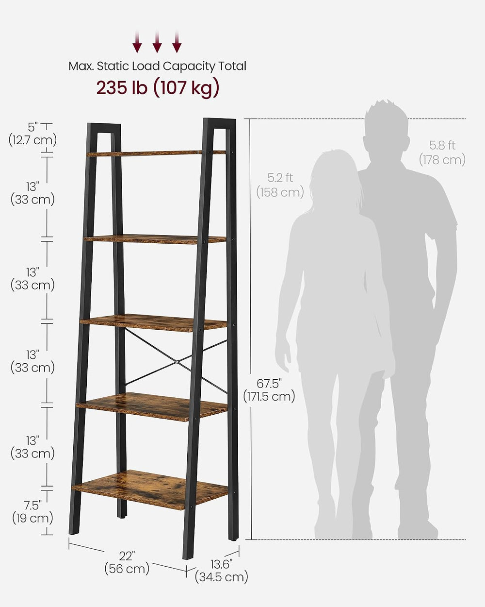 VASAGLE Ladder Shelf, Bookcase Book Shelf, Storage Shelves, 5-Tier, 22In