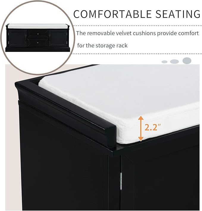 42″ Storage Bench with 2 Drawers and 2 Cabinets，Multipurpose Entryway Shoe Rack W/Removable Cushion，for Living Room Hallway Porch,Black