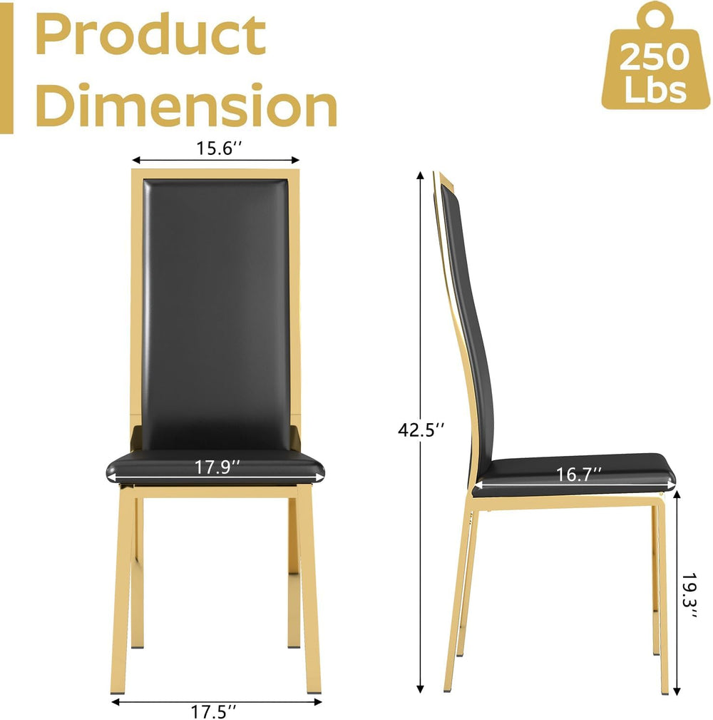 Modern Dining Chairs Set of 4, Black Faux Leather with Chrome Gold Metal Legs...