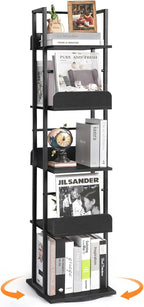 Bikoney Rotating Bookshelf, 5-Tier Bookshelves Tower for Corner, Small Narrow Bookcase, Tall Industrial Bookshelf, Wood and Metal Black