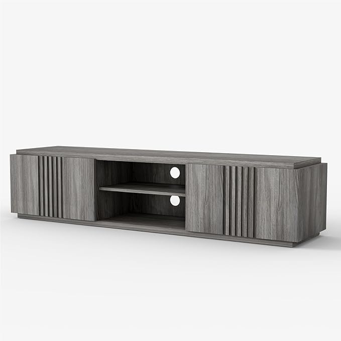 BELLEZE 70" Fluted TV Stand for TVs up to 75", Media Entertainment Center Console Table with Oversize Drawers and 2-Tier Open Shelves, Wood Storage Cabinet for Living Room, 15"D x 70"W x 16"H-(Gray)