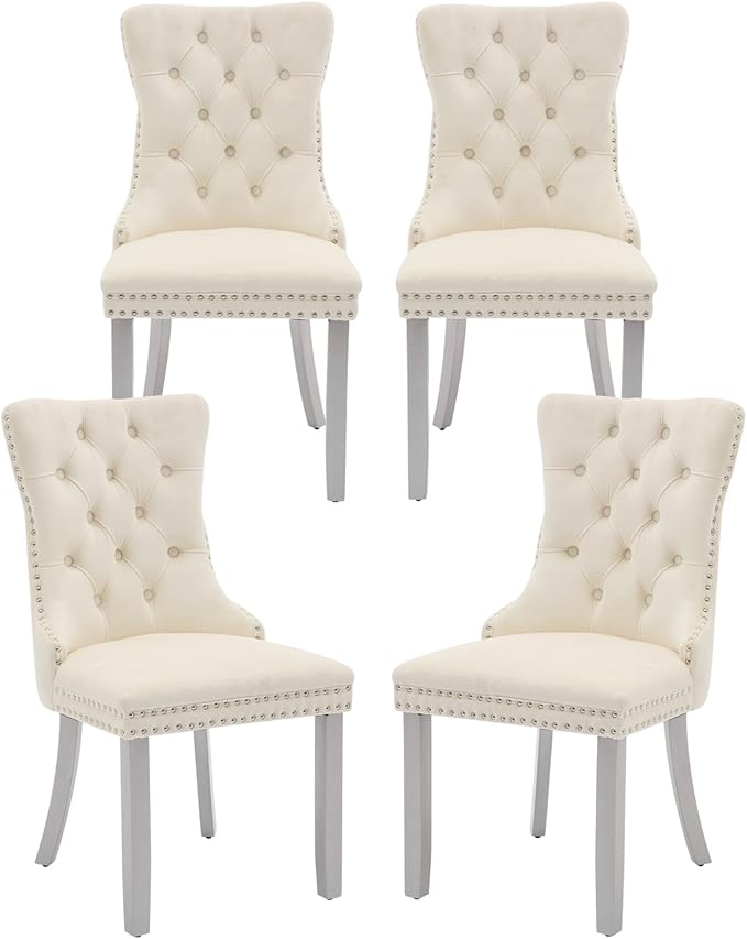 Velvet Dining Chairs Set of 4, High-end Tufted Upholstered Dining Chair with Back Ring Pull, Nailhead Trim and Silver Solid Wood Legs, Modern Dining Room Chairs for Dining Room, Cream