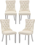 Velvet Dining Chairs Set of 4, High-end Tufted Upholstered Dining Chair with Back Ring Pull, Nailhead Trim and Silver Solid Wood Legs, Modern Dining Room Chairs for Dining Room, Cream