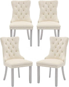 Velvet Dining Chairs Set of 4, High-end Tufted Upholstered Dining Chair with Back Ring Pull, Nailhead Trim and Silver Solid Wood Legs, Modern Dining Room Chairs for Dining Room, Cream