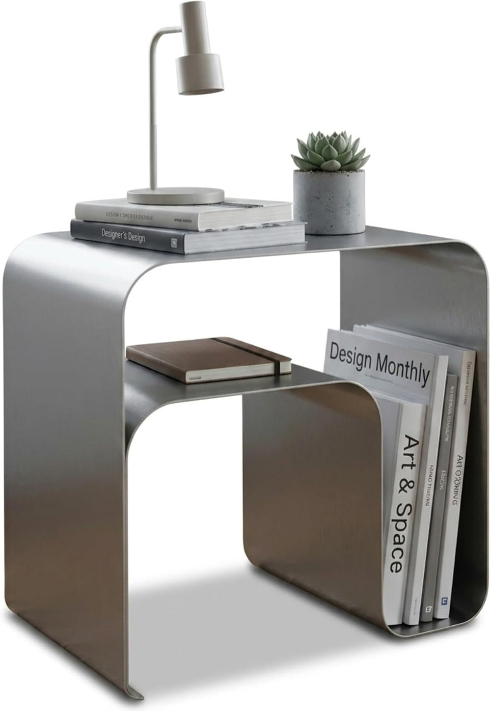 Stainless Steel Side Table, Modern End Table with Double Storage, One-Piece F...