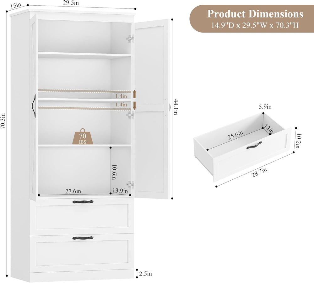 HOSTACK 70" Kitchen Pantry Storage Cabinet, Farmhouse Pantry Cabinet, Wh...