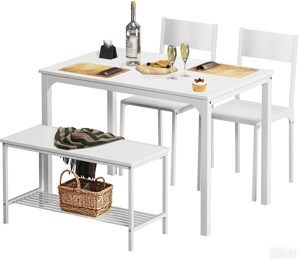 soges 4-Piece Dining Table Set with Bench - 4 Person Kitchen Table and 2 Chai...