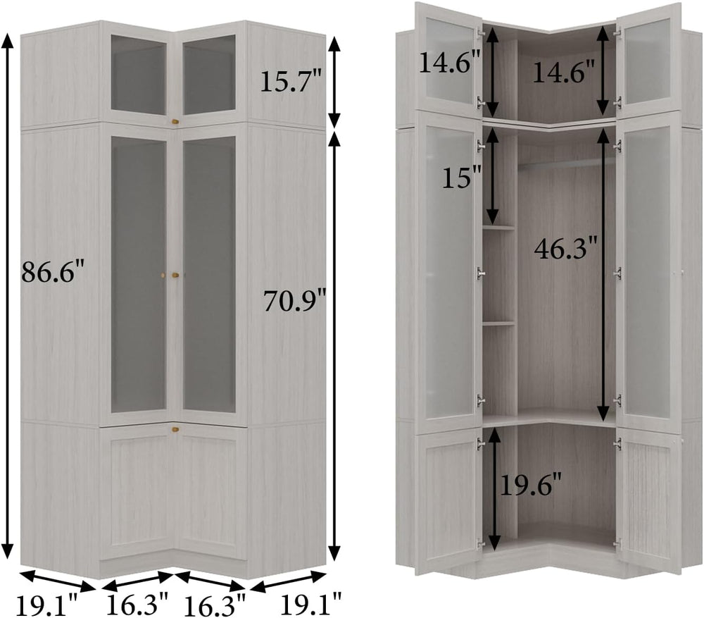 MOUMON Tall Corner Wardrobe, L-Shaped Modern Bedroom Armoires with Frosted Gl...